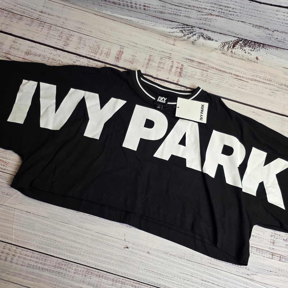 New Ivy Park Womens Black White Logo Cropped T-Shirt 29T53QBLK-L Size Large
